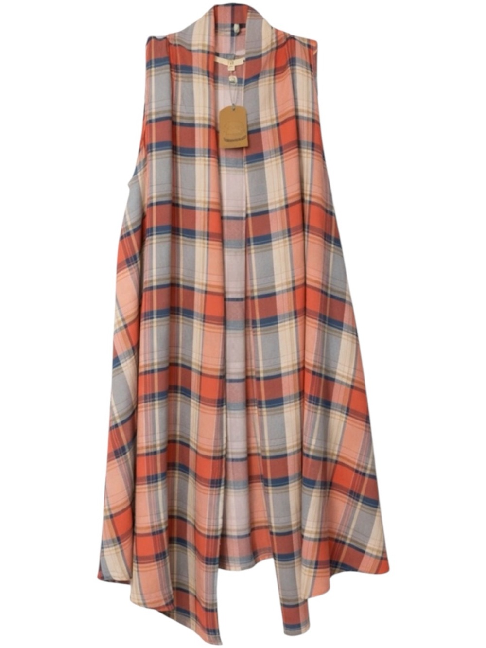 Kori Plaid Longline Vest Boho Open Front Sleeveless Duster Orange Blue NWT S/M
